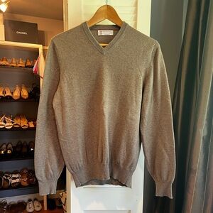 Brunello Cucinelli Cashmere Gray V-Neck Sweater Fine Knit